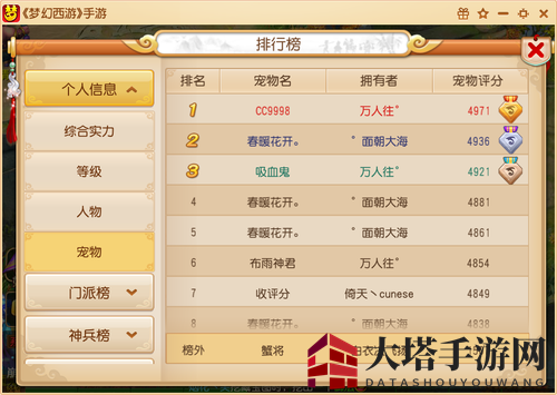 《梦幻西游手游》神宠榜功能规则详解