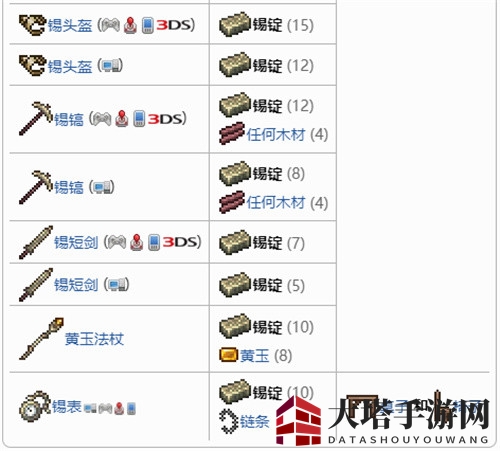 《泰拉瑞亚》锡锭制作物品一览